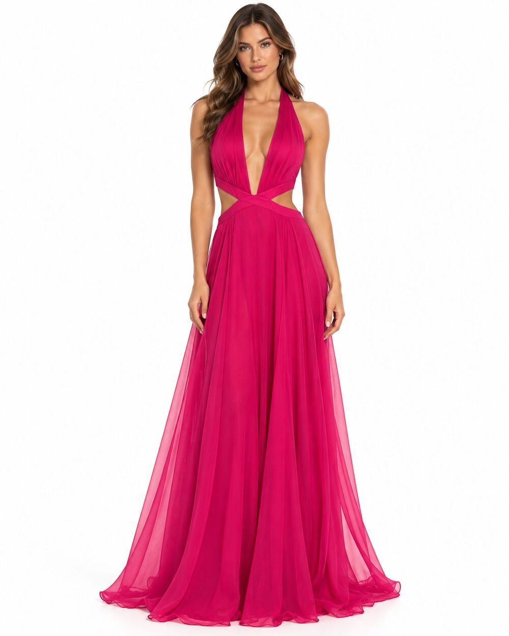 STAUD Size 0 Fuchsia Pink Halter Maxi Gown / Evening Dress